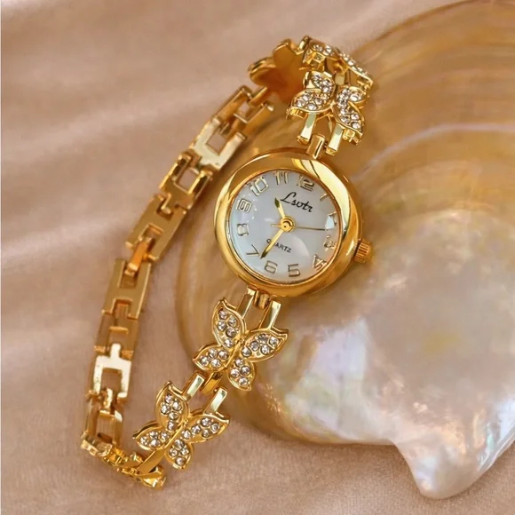 Vintage Gold Butterfly Crystal Bracelet Watch - Picture 2 of 6